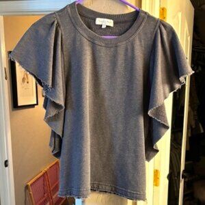 Michael Stars Raw Hem Flounced Short Sleeve Crew Charcoal Gray Sweatshirt, XS